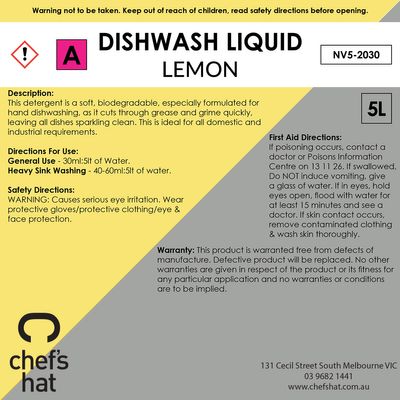 DISHWASH LQD LEMON 5LT, CHEFS HAT PREM