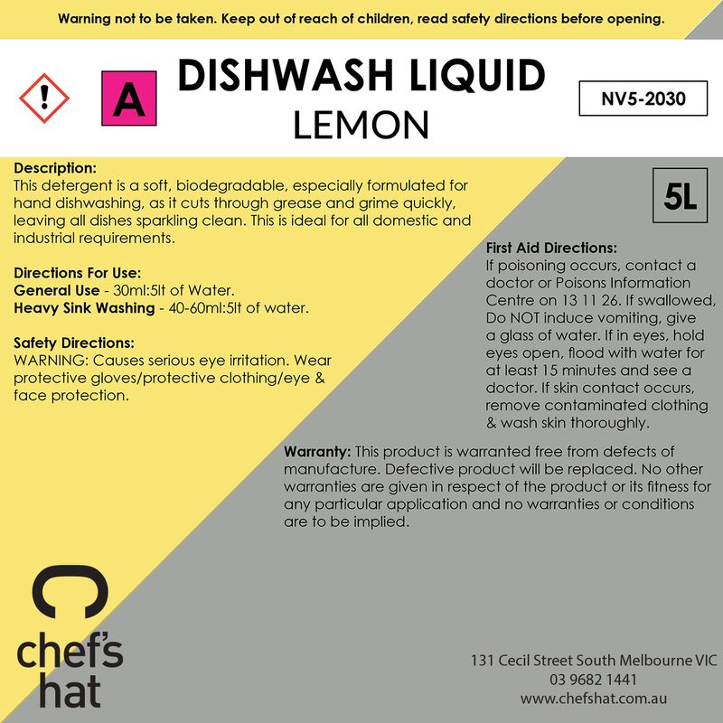 DISHWASH LQD LEMON 5LT, CHEFS HAT PREM