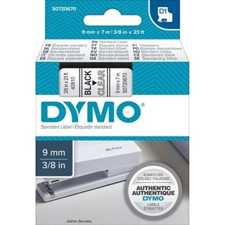 LABELLING TAPE BLACK ON CLEAR D1 9MMX7M