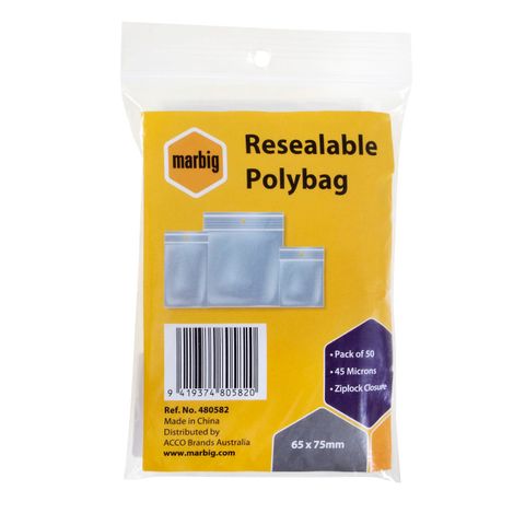 ZIP LOCK BAG 65 X 75MM PKT/50 MARBIG.