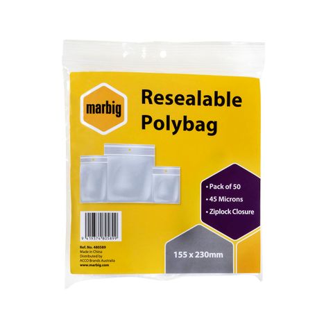 ZIP LOCK BAG 155 X 230MM PKT/50 MARBIG