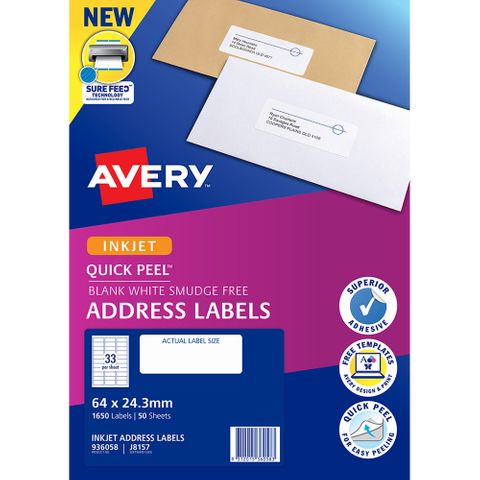 AVERY INKJET LABELS J8157 33UP PKT/50