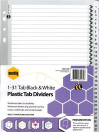 MARBIG INDICES PLASTIC TAB A4 1-31 BLACK