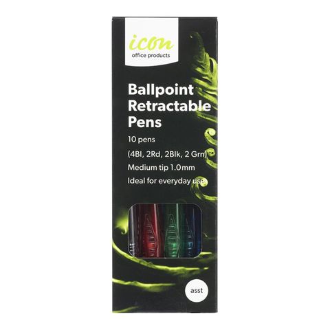ICON BALLPOINT RET. PENS ASSTD MED PK/10