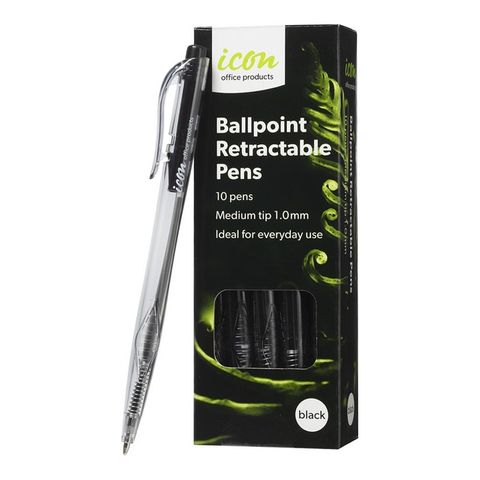 ICON BALLPOINT RET. PEN BLACK MED PK/10