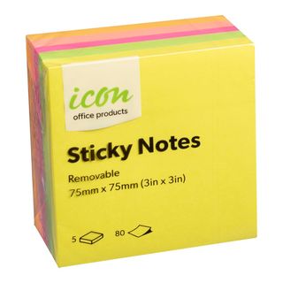 ICON STICKY NOTES 75X75MM NEON PKT/5