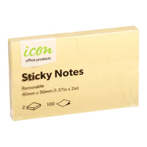 ICON STICKY NOTES 40 X 50MM YELLOW PKT/2