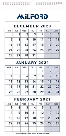 CALENDAR MILFORD 3 MONTHS TO VIEW O/Y
