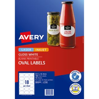 LABEL AVERY L1702 WHITE GLOSSY OVAL PK10