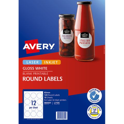 AVERY LABEL L7105 WHITE GLOSS ROUND PK10