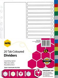 MARBIG DIVIDERS A4 PP 20 TAB COLOURED