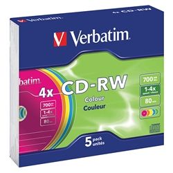 VERBATIM CD-RW 700MB 5PK COLOUR SLIMCASE