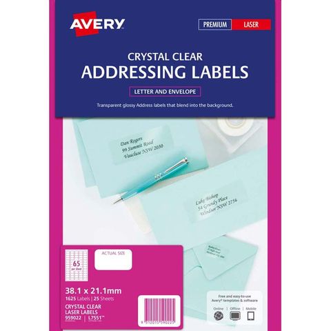 AVERY LASER LABEL L7551 CLEAR PKT/25