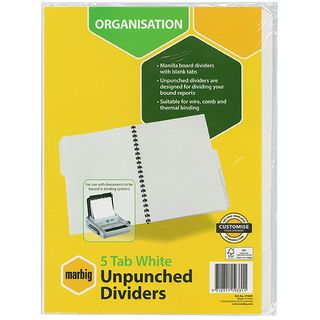 MARBIG DIVIDERS WHITE UNPUNCHED 5 TAB