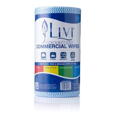 CS6004 Livi Commercial Heavy Duty Cloth Wipes Blue 90 shts per roll