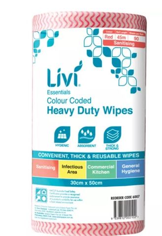 CS6007 Cottonsoft Livi Commercial Heavy Duty Cloth Wipes Red 90 shts per roll