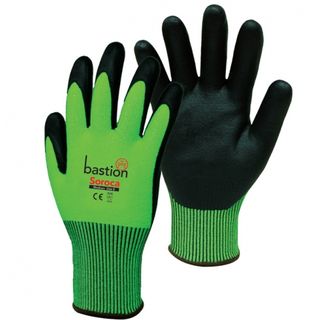 Bastion Soroca High Viz Green MED HPPE Glove Black Micro Foam Nitrile Palm Coati