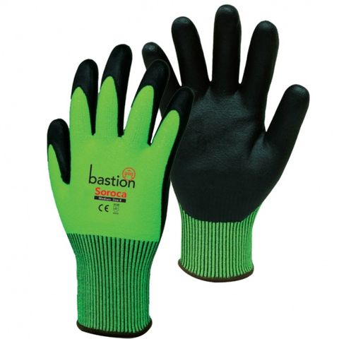 Bastion Soroca High Viz Green HPPE Glove Black Micro Foam Nitrile Palm Coating L