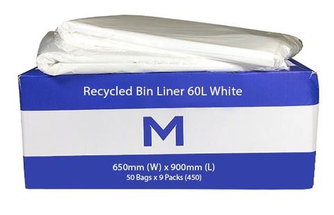 M Recycled Bin Liner White 60L 600x900mm 30mu 50 per Sleeve