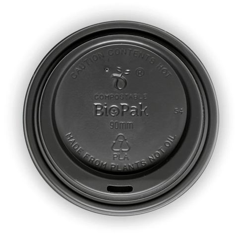 Biopak 90mm Large Black PLA BioCup Lid 8,12,16,20 oz Cups 50 units per slve