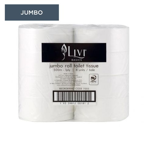 Livi Basics 1ply Toilet Paper Jumbo Roll 500mtr / Roll