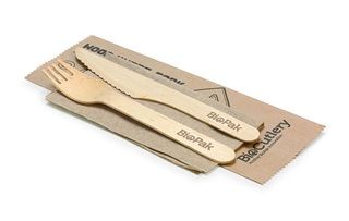 Biopak 16cm Wood Knife, Fork & Napkin Set 100 units per slve