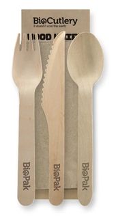 Biopak 16cm Wood Knife, Fork, Spoon & Napkin Set 100 units per slve