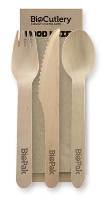 Biopak 16cm Wood Knife, Fork, Spoon & Napkin Set 100 units per slve