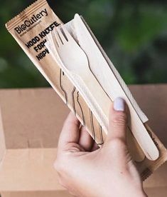 Biopak 16cm Coated Wood Knife, Fork & Napkin Set 100 units per slve