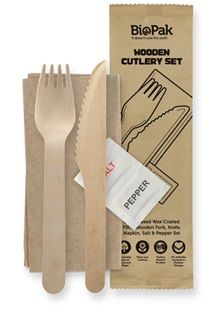 Biopak 16cm Coated Wood Knife, Fork, Napkin, Salt & Pepper Set 100 units per sl