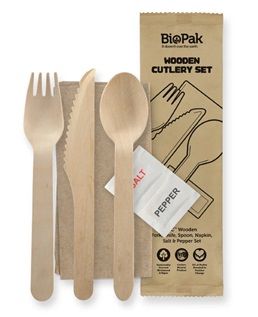 Biopak 16cm Wood Knife, Fork, Spoon & Napkin Salt & Pepper Set 100 units per slv