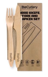 Biopak 19cm Coated Wood Knife, Fork & Napkin Set 100 units per slve