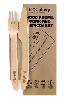 Biopak 19cm Coated Wood Knife, Fork & Napkin Set 100 units per slve