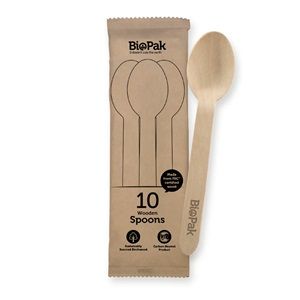 Biopak 10 Pack 16cm Wooden Spoon In Paper Sleeves 200 units per ctn