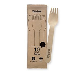 Biopak 10 Pack 16cm Wooden Fork In Paper Sleeves 200 units per ctn