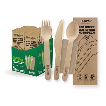 Biopak 16cm FSC™ Wood Fork, Knife, Spoon & Napkin Sets 280 pk per ctn