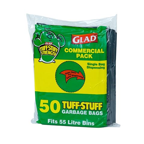 GLAD TUFF STUFF GARBAGE BAGS 55L GREEN CTN OF 200