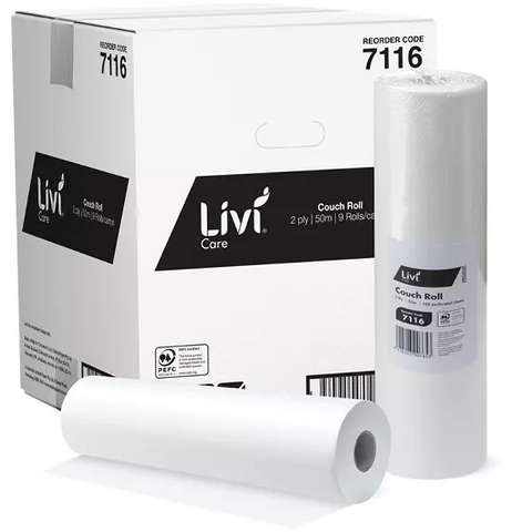 LIVI COUCH ROLL - 50M X 49CM - 1 PLY - 135 SHEETS/ROLL - 9 ROLLS