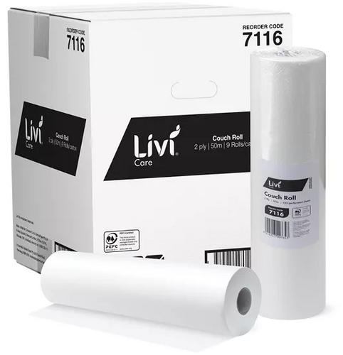 LIVI COUCH ROLL - 50M X 49CM - 1 PLY - 135 SHEETS/ROLL - 9 ROLLS