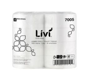 LIVI JUMBO TOILET ROLLS - 1 PLY 500M/8 PER CARTON