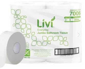 JUMBO TOILET ROLLS - 2 PLY 300M/8 PER CARTON (7006)