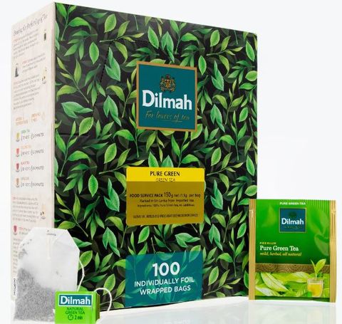 DILMAH  PURE GREEN FOIL WRAPPED TEA BAGS - 100/BOX