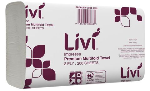LIVI IMPRESSA SLIMFOLD TOWEL - 2PLY - 180SH/PK, 16PK/CTN