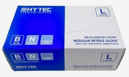 HYTEC BLUE REGULAR NITRILE POWDER FREE GLOVES  - LARGE 200/BOX