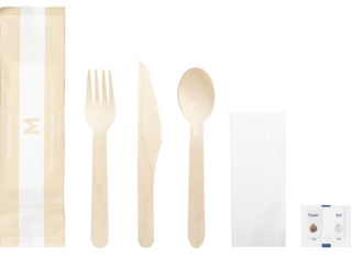 WOODEN CUTLERY SET - 6/1 - FORK/KNIFE/SPOON/NAPKIN-SALT/PEPPER - 400 PER BOX