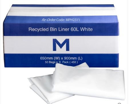 RECYCLED BIN LINER WHITE - 60L - 50/PACK