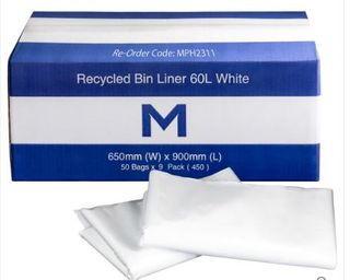 RECYCLED BIN LINER WHITE - 60L - 50/PACK