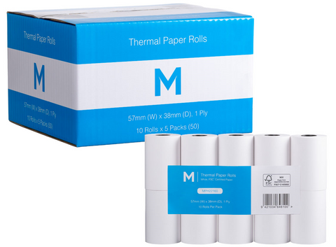EFTPOS - THERMAL PAPER ROLL - WHITE - 57MM X 38MM - BOX OF 50 ROLLS