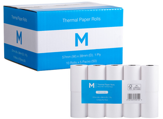 EFTPOS - THERMAL PAPER ROLL - WHITE - 57MM X 38MM - BOX OF 50 ROLLS
