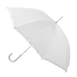 White Single Frill Wedding Umbrella with White Wood shaft and handle